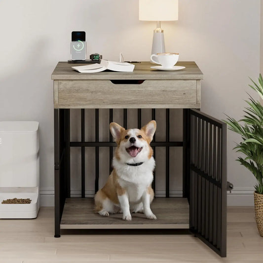 Wooden Dog Kennel End Table Crate With Flip Top Drawer