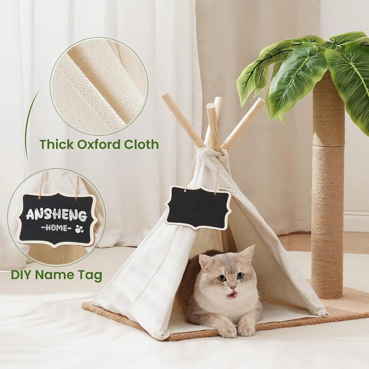 MEWOOFUN Cat Scratching Post Teepee Tree With Simulated Leaves