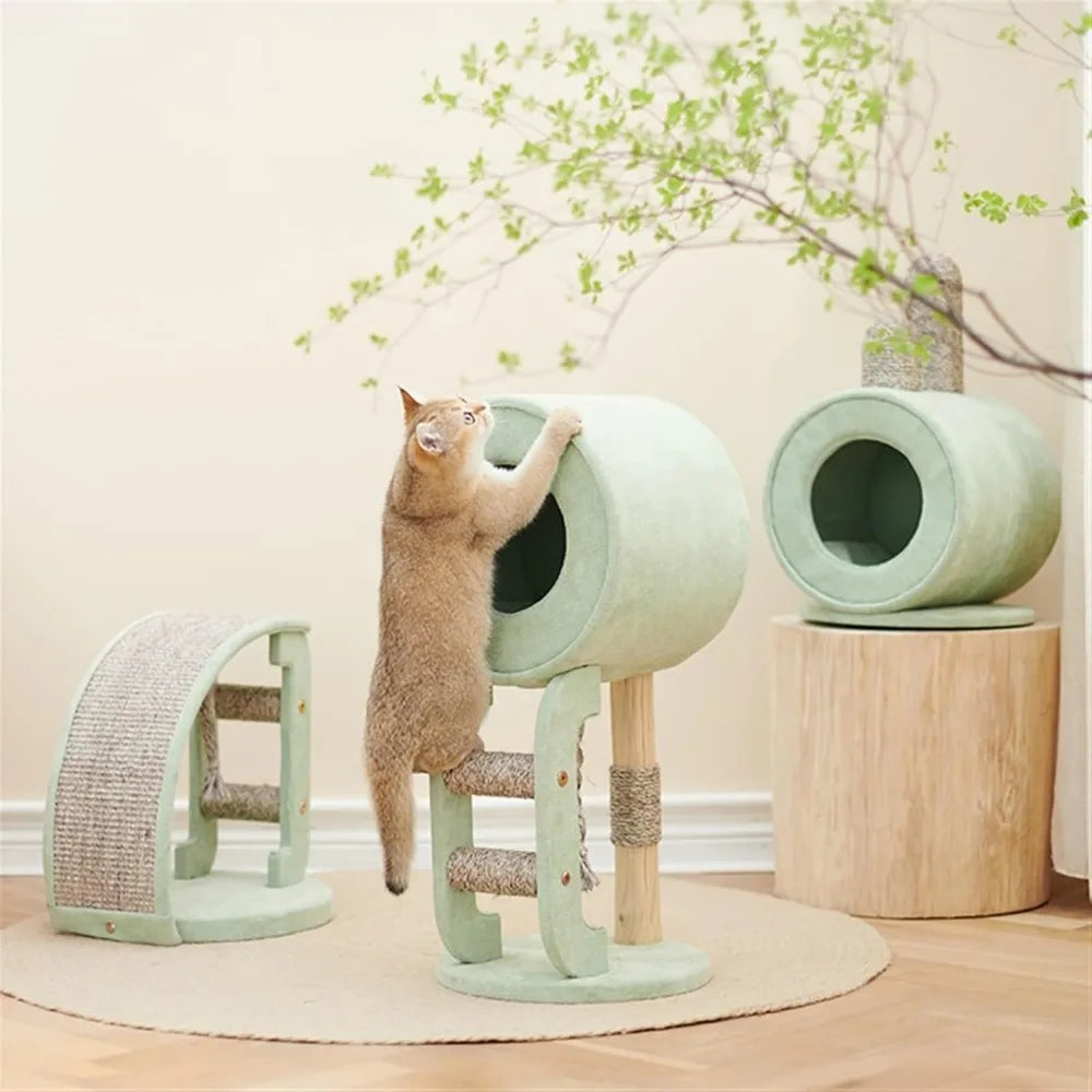 Wooden Cat Tower With Integrated Litter Box And Scratching Board