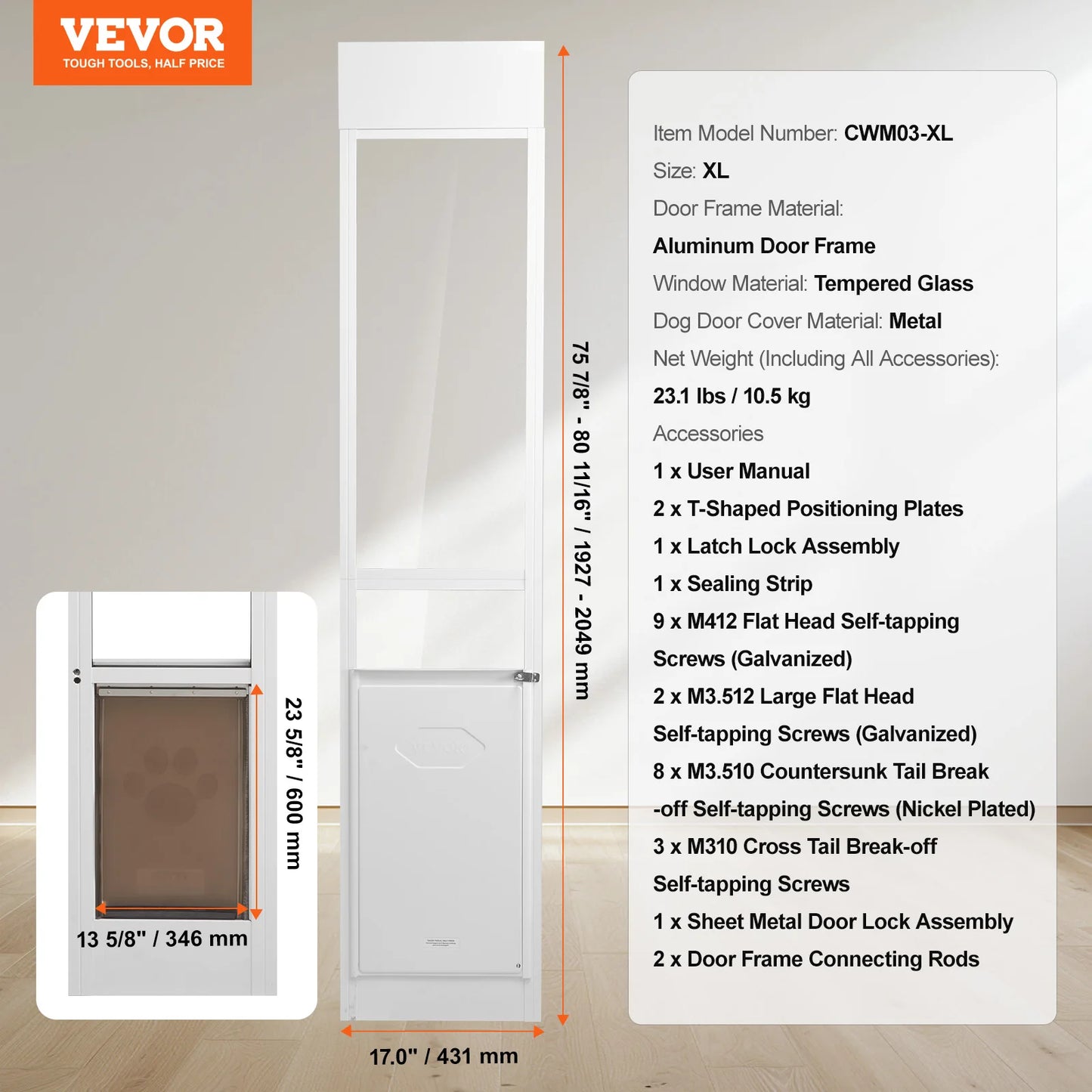 SucceBuy Sliding Glass Dog Door With Adjustable Height Aluminum Frame