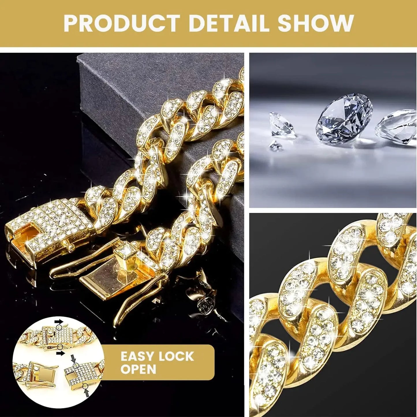 NONECN Diamond Cuban Dog Collar with Stainless Steel Chain Buckle