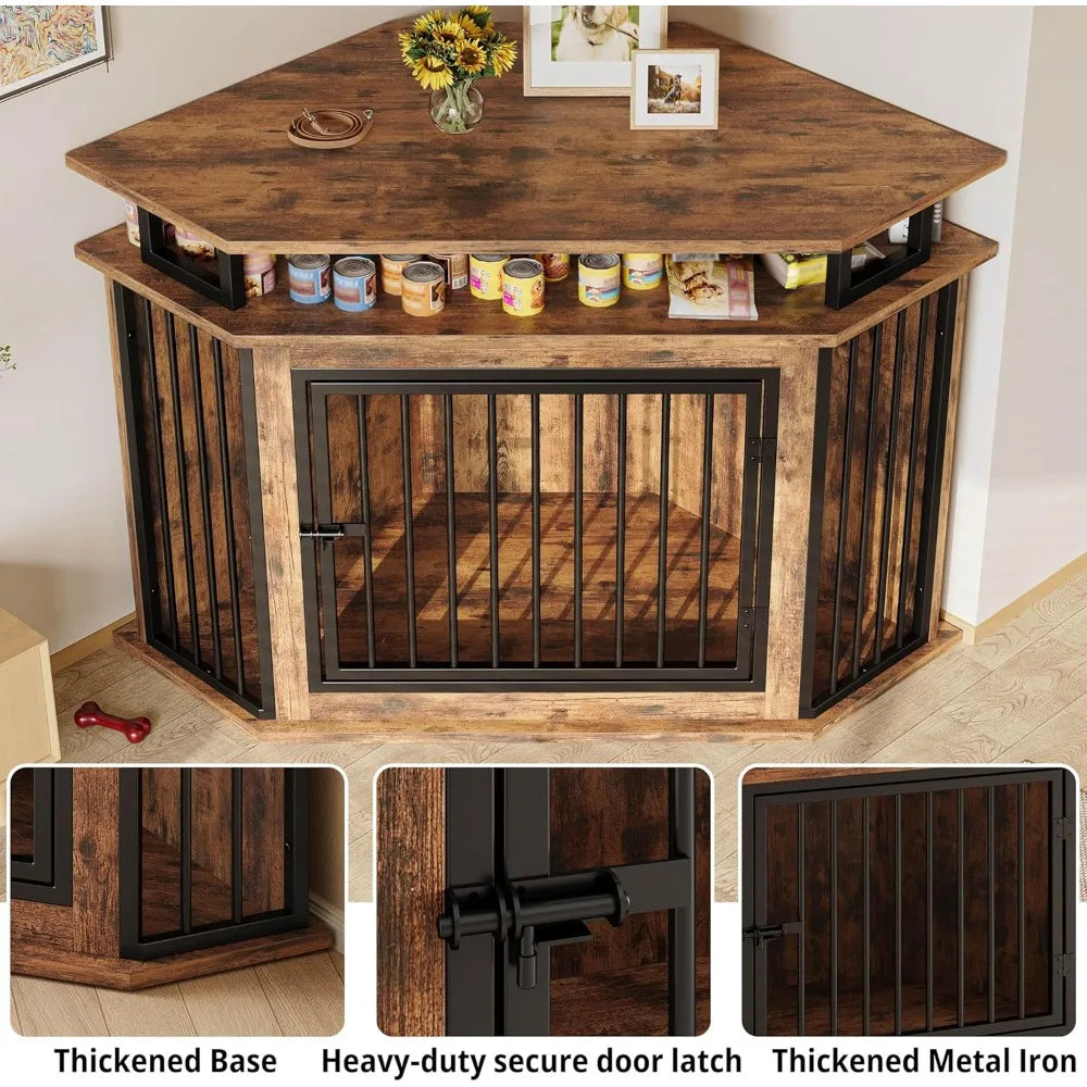 Wooden Corner Dog Crate With Two Tier Shelves Kennel