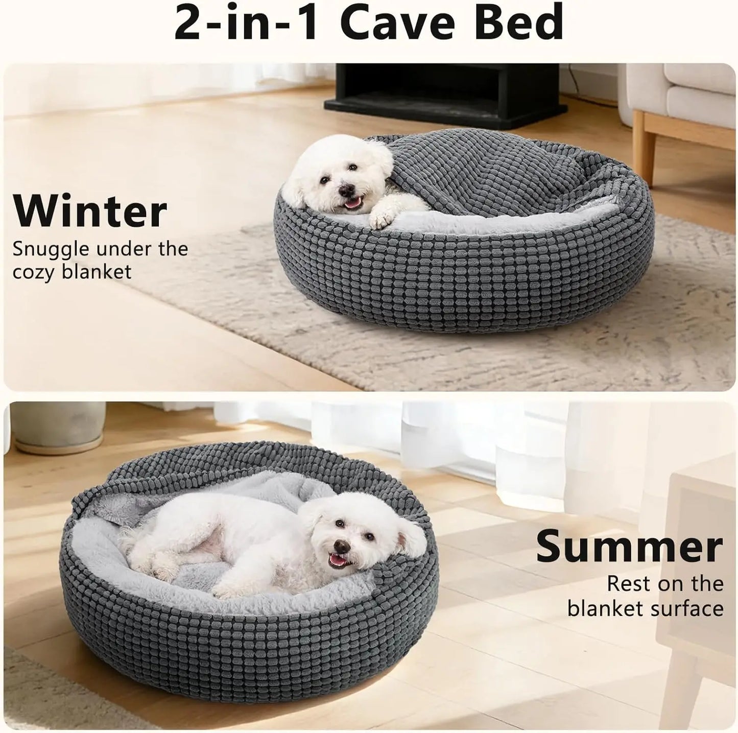 Cozy Donut Hooded Pet Bed With Blanket Attached Washable Orthopedic