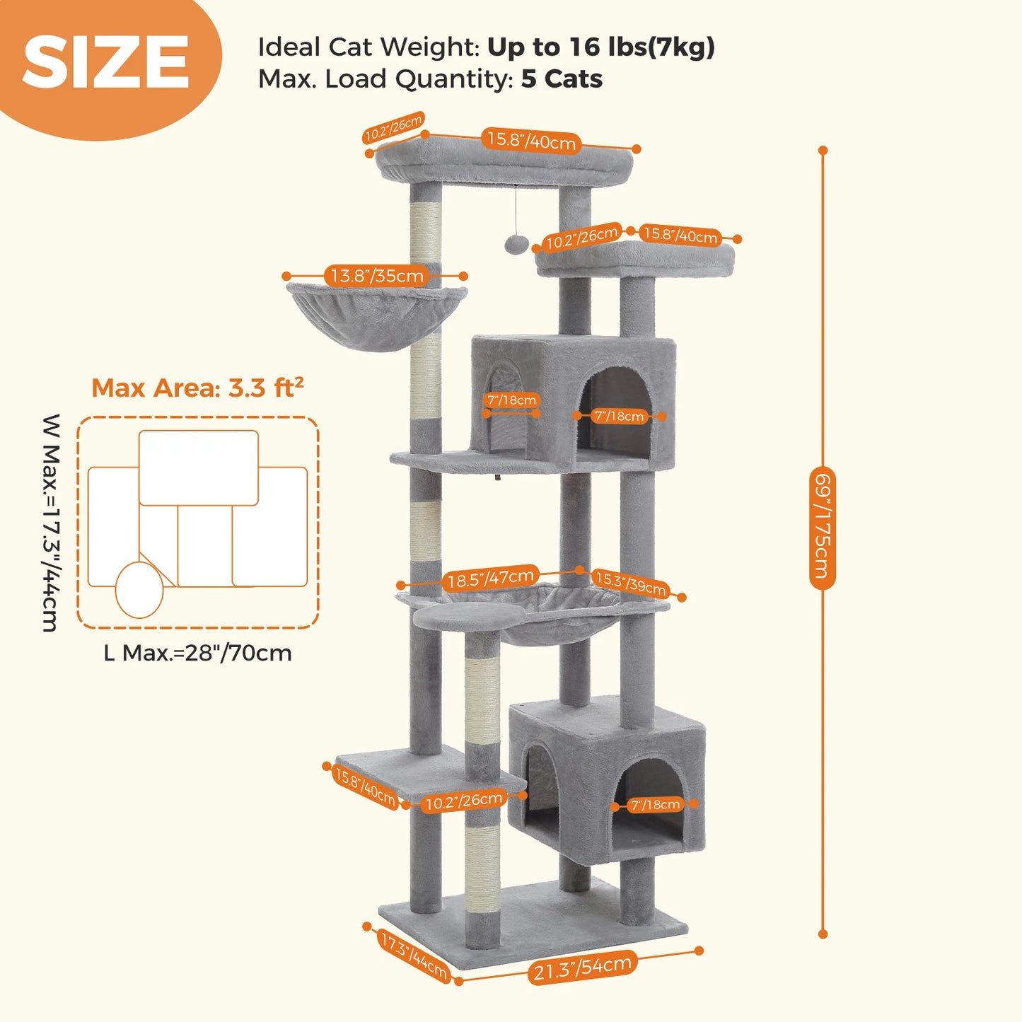 PEQULTICN Cat Tree Indoor Multi Level Tower With Scratching Posts Hammock