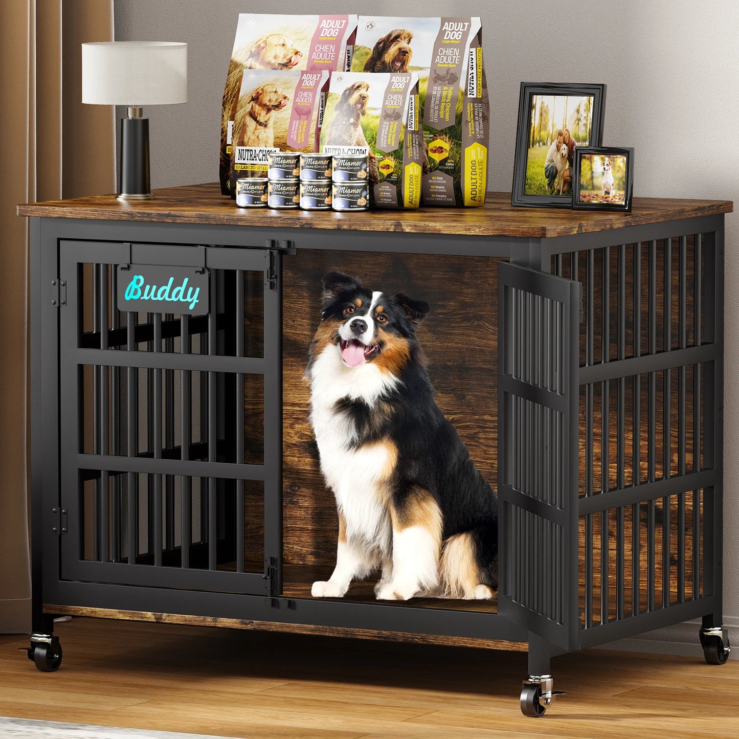 Furniture Style Dog Crate With Casters Indoor Kennel For Home