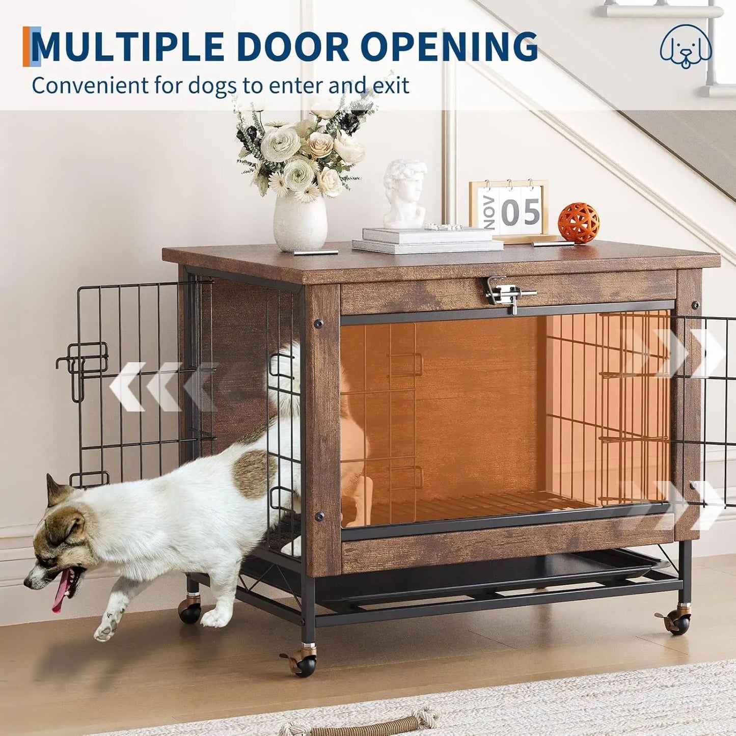 TWISTER.CK Dog Crate Furniture Iron Double-Door Kennel With Tray Wheels