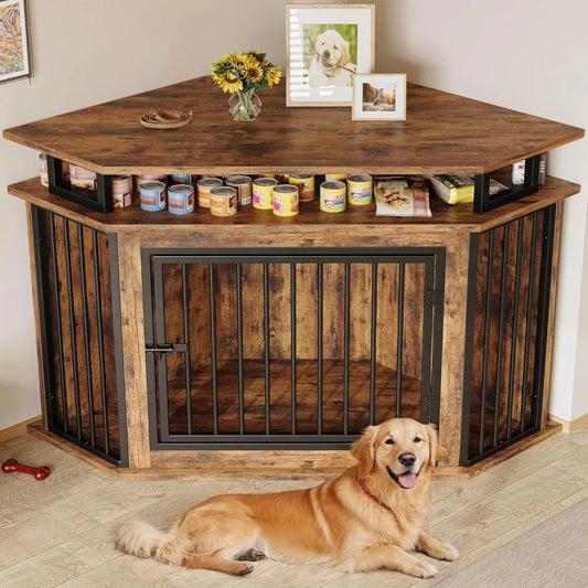 Wooden Corner Dog Crate With Two Tier Shelves Kennel