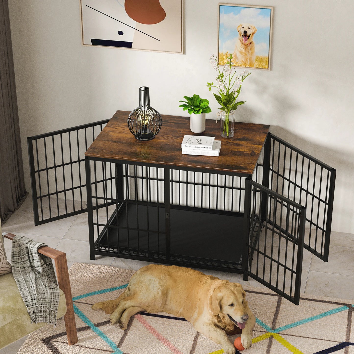 BORWART Elevated Wooden Dog Crate End Table With 3 Doors Removable Tray