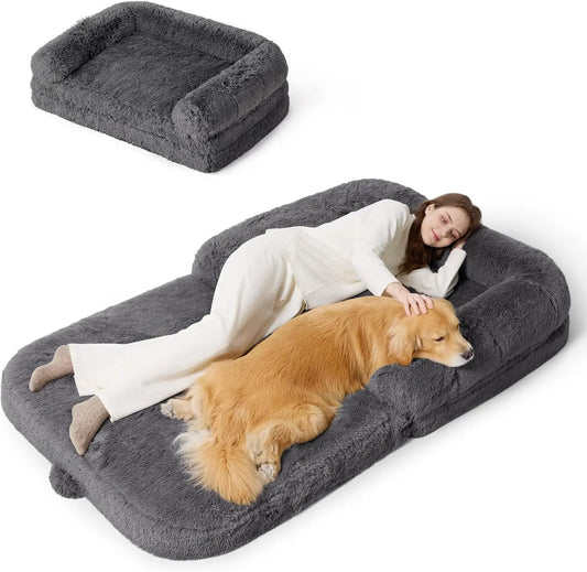 Foldable Human Dog Bed 2-in-1 Orthopedic Foam Waterproof Faux Fur