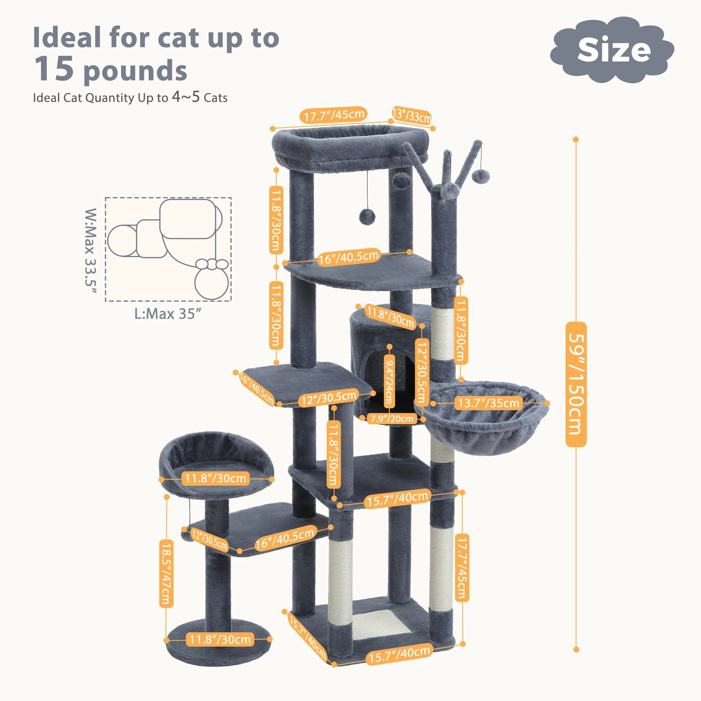 PEQULTICN Multi Level Cat Tree With Scratching Post Hammock