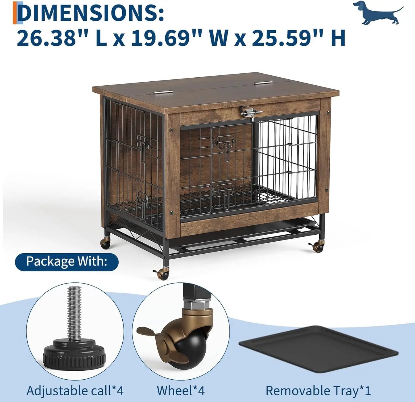 TWISTER.CK Dog Crate Furniture Iron Double-Door Kennel With Tray Wheels