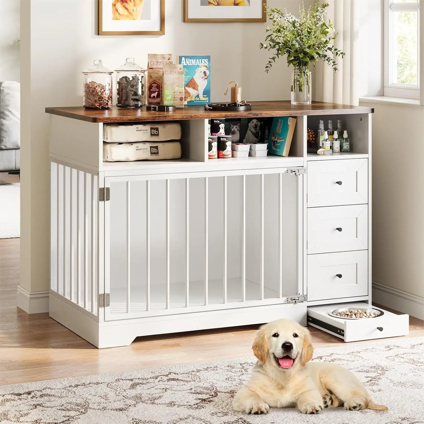 HiMISSH Farmhouse Dog Crate Furniture With Bowl And Drawers