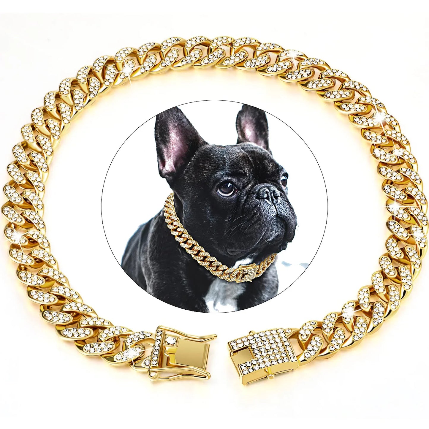NONECN Diamond Cuban Dog Collar with Stainless Steel Chain Buckle