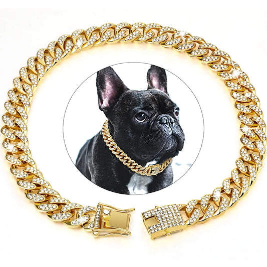 NONECN Diamond Cuban Dog Collar with Stainless Steel Chain Buckle
