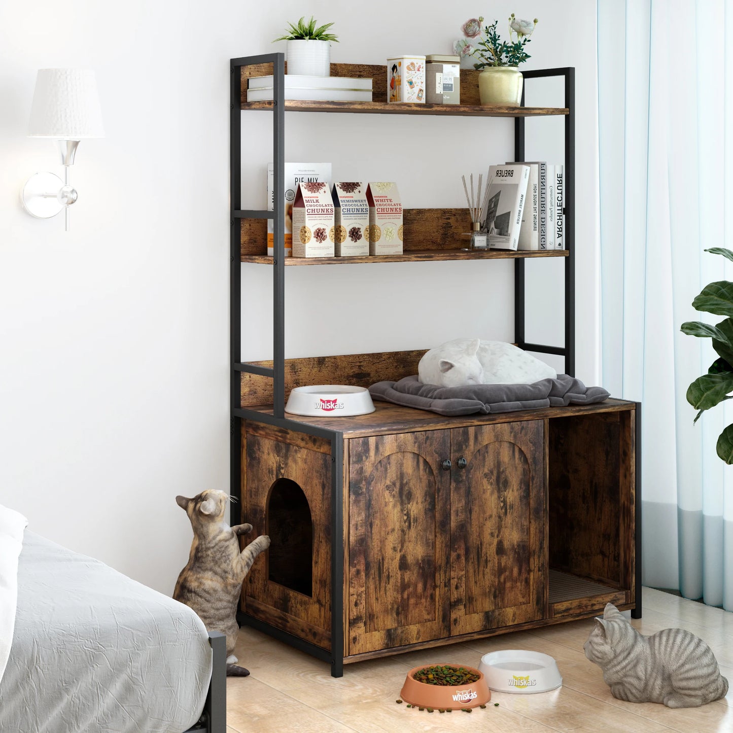 HiMISS Wooden Hidden Cat Litter Box Enclosure With Shelves
