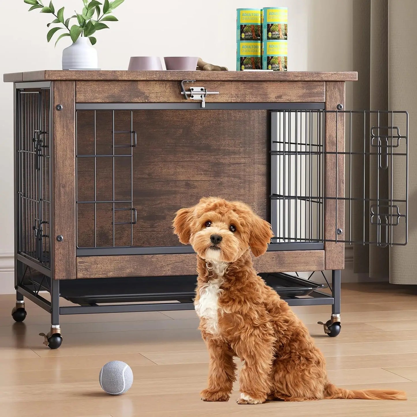 TWISTER.CK Dog Crate Furniture Iron Double-Door Kennel With Tray Wheels