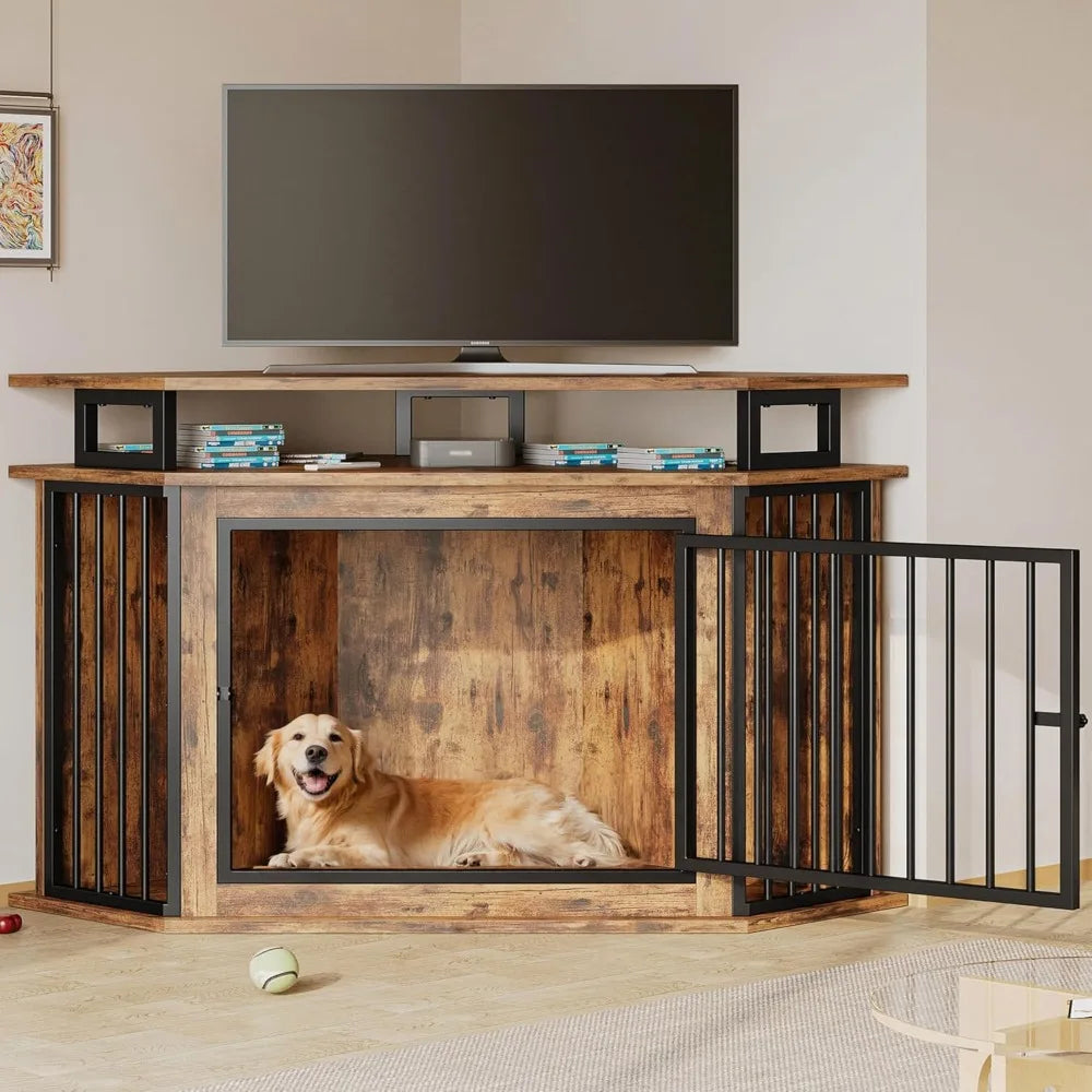 Wooden Corner Dog Crate With Two Tier Shelves Kennel