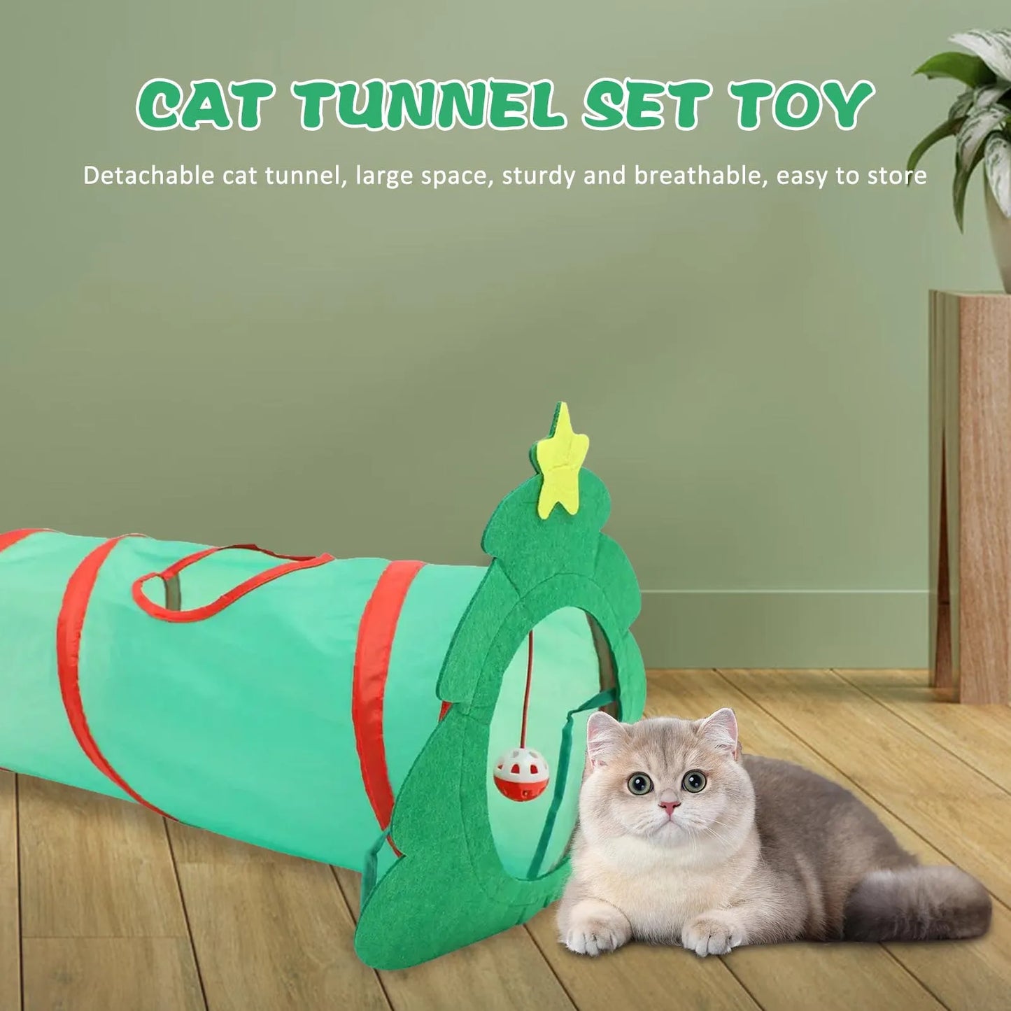 Xmas Kitten Tunnel Toys Set With Catnip For Indoor Cats