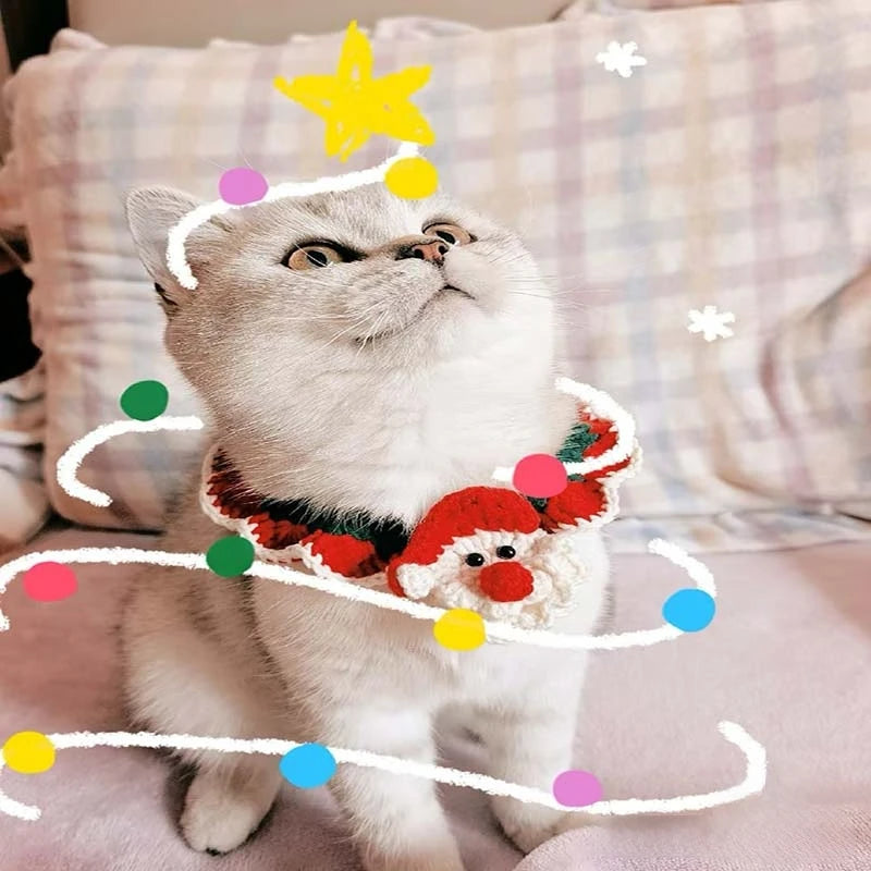 Handmade Crochet Santa Pet Collar Adjustable For Cats And Dogs