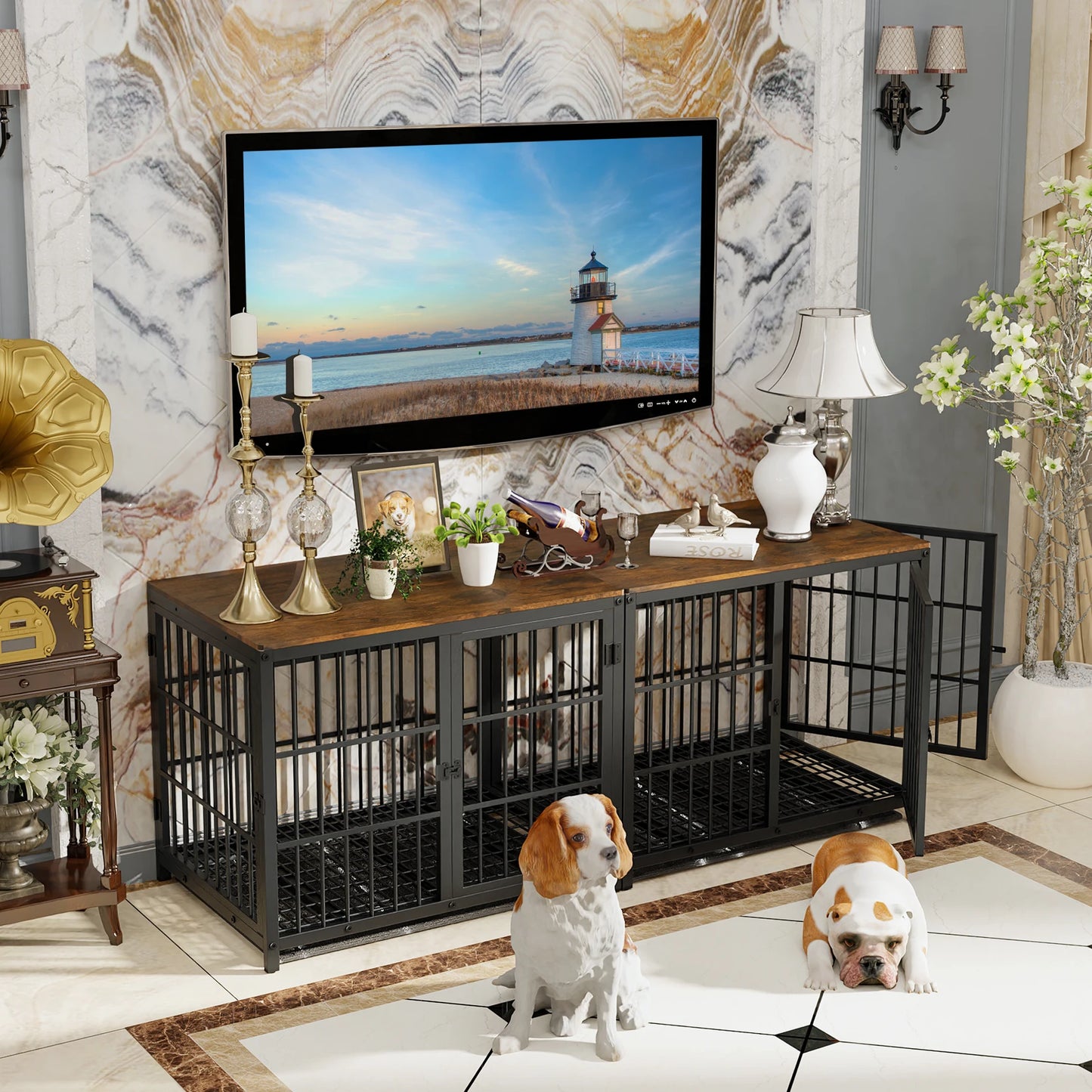 BORWART Elevated Wooden Dog Crate End Table With 3 Doors Removable Tray