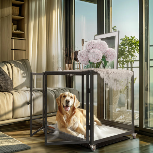 Bingopaw Tempered Glass Dog Crate Aluminum Frame Rolling Cage