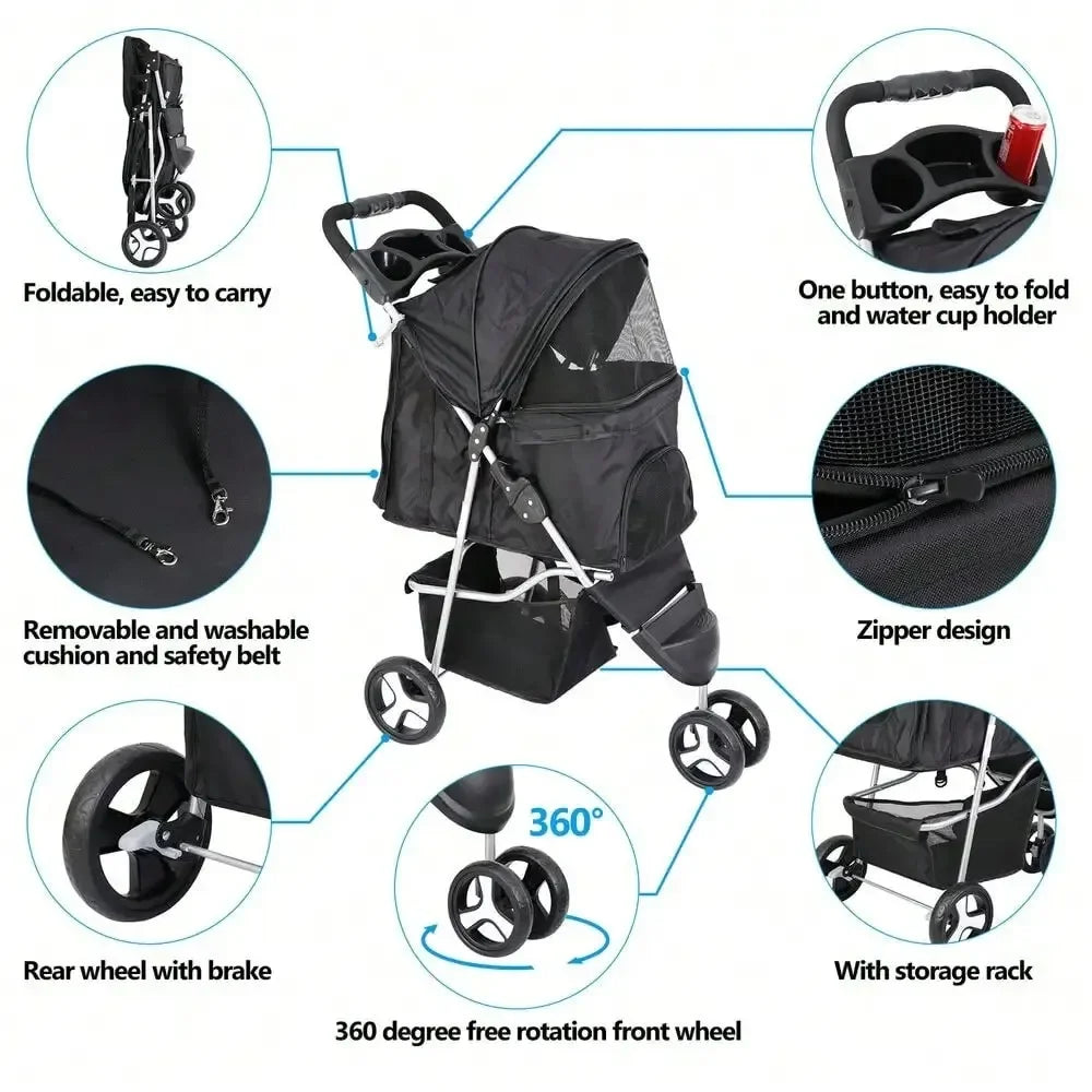 Foldable Three Wheel Dog Stroller With Cup Holder For Pets