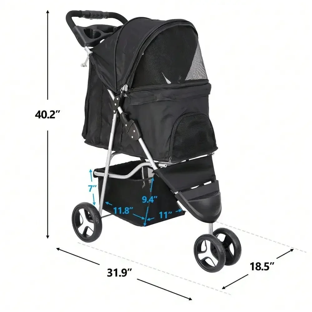 Foldable Three Wheel Dog Stroller With Cup Holder For Pets