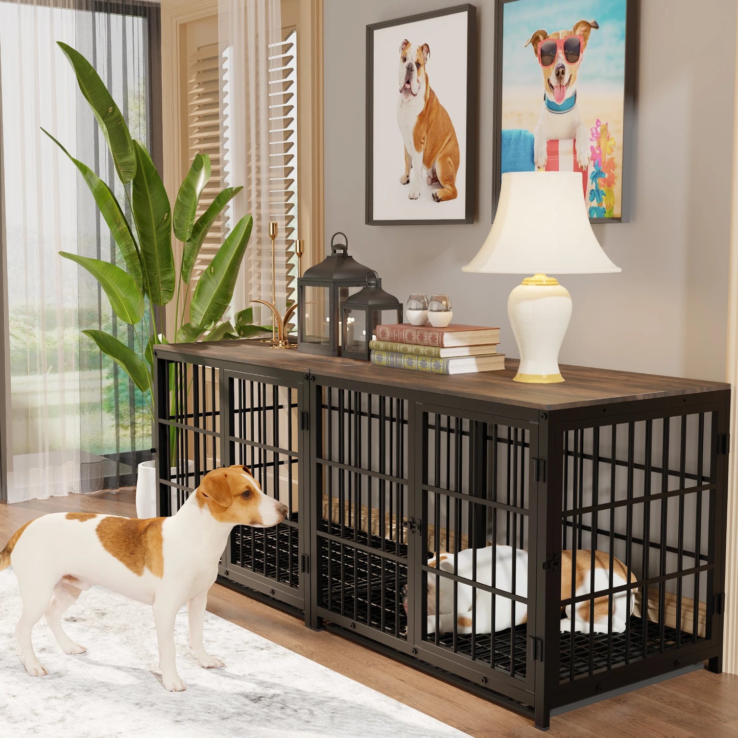 BORWART Elevated Wooden Dog Crate End Table With 3 Doors Removable Tray