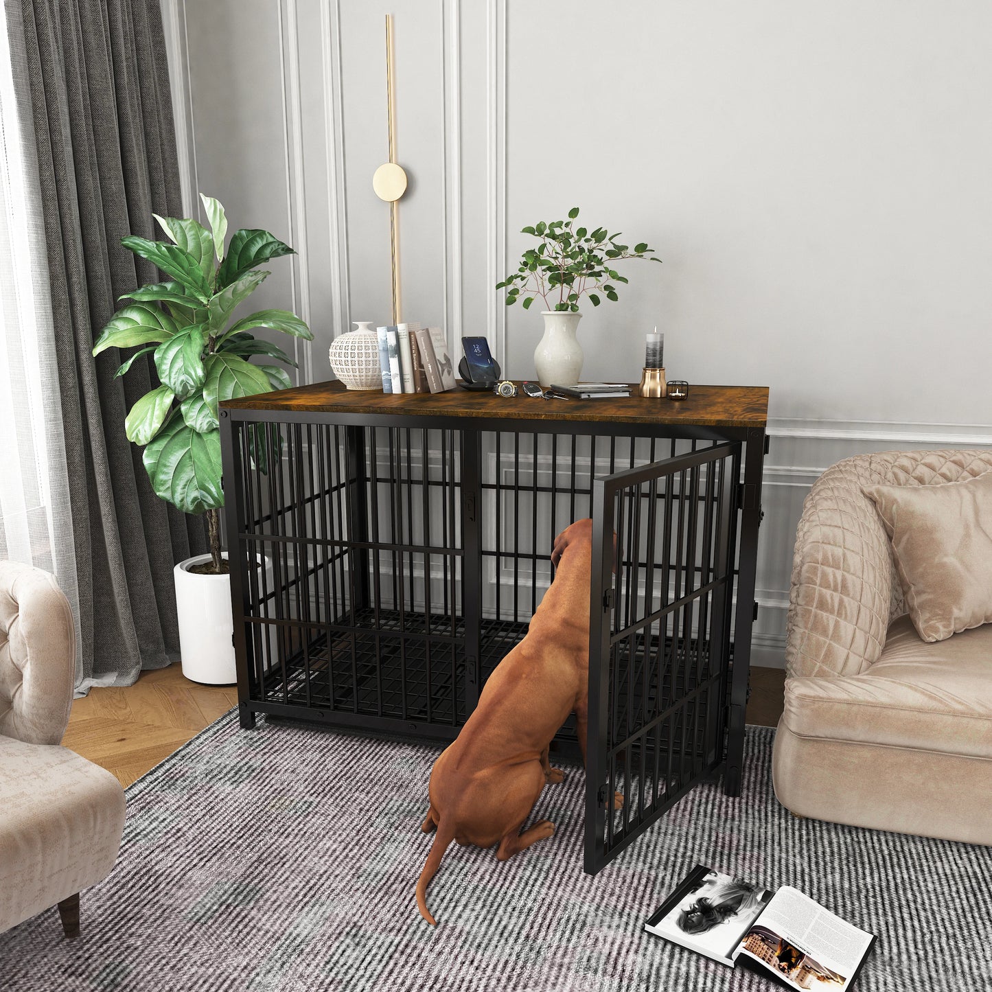 BINGOPAW Furniture Style Wooden Dog Kennel End Table With Tray