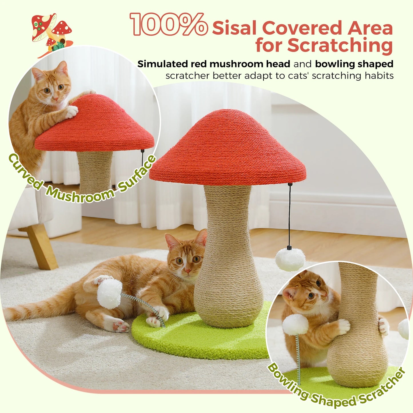 PAWZ Road Mushroom Cat Scratching Post With Sisal And Pompoms