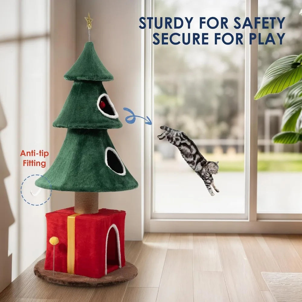 Elevated Indoor Christmas Cat Tree With Triple Access Points And Scratching Posts