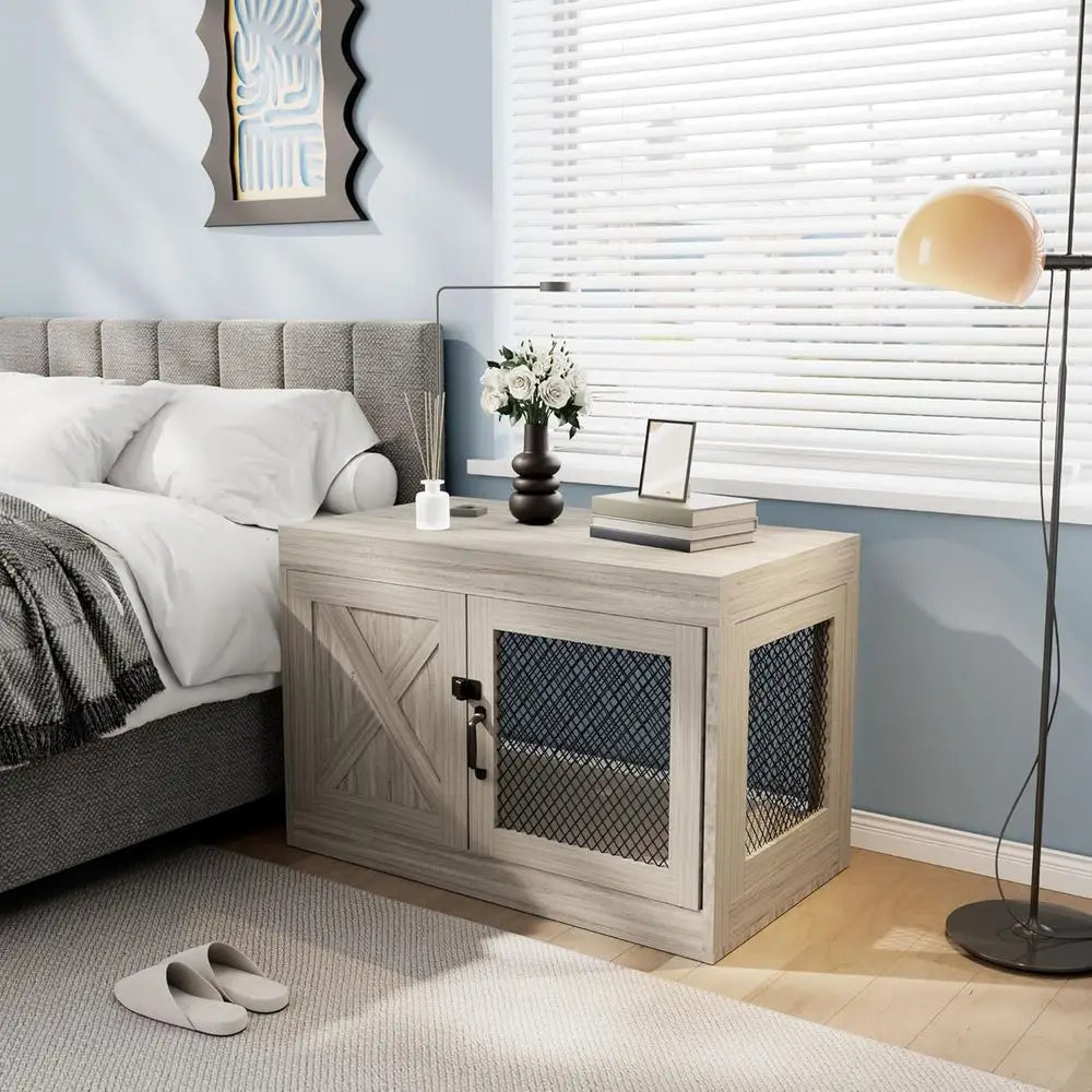Wooden Dog Kennel End Table With Mesh For Indoor Use