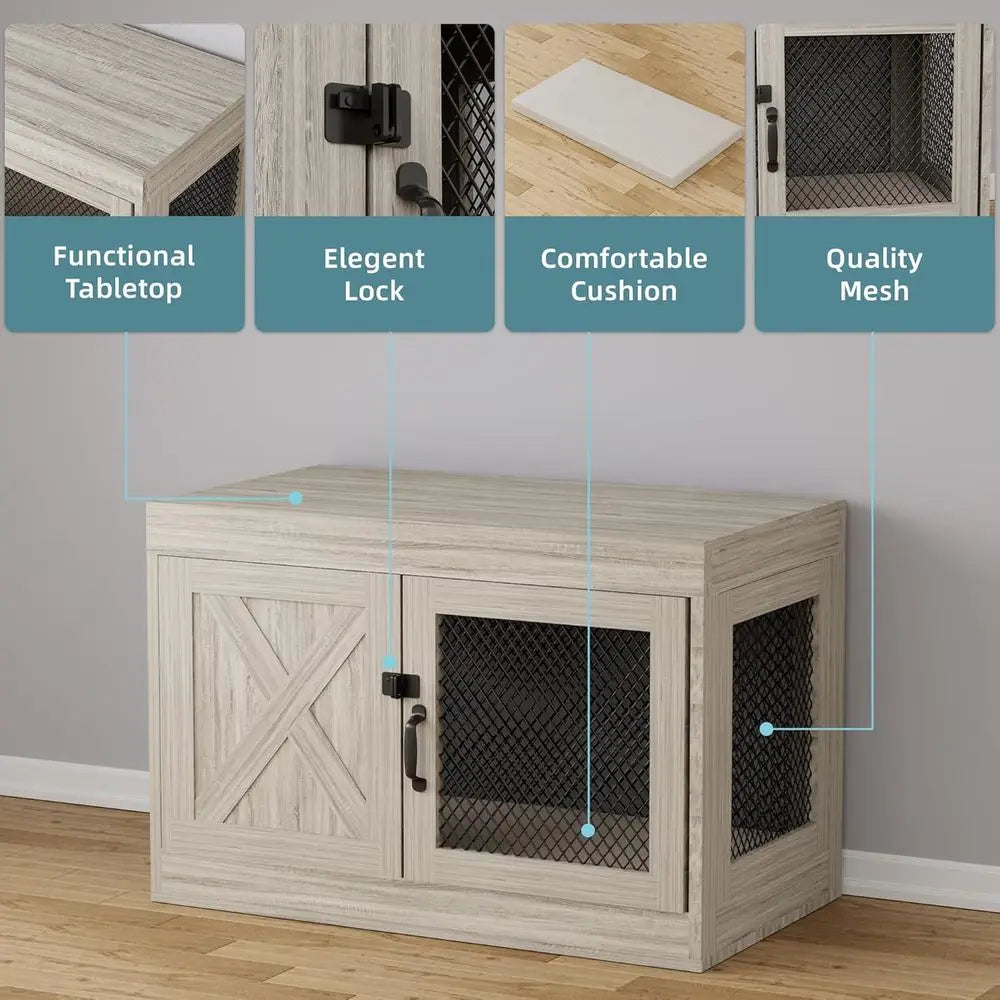 Wooden Dog Kennel End Table With Mesh For Indoor Use
