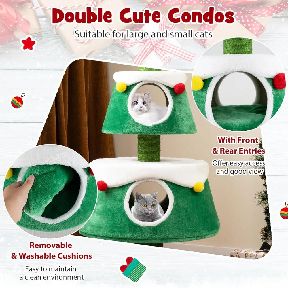 Christmas Themed Cat Tree With Two Condos And Scratching Posts