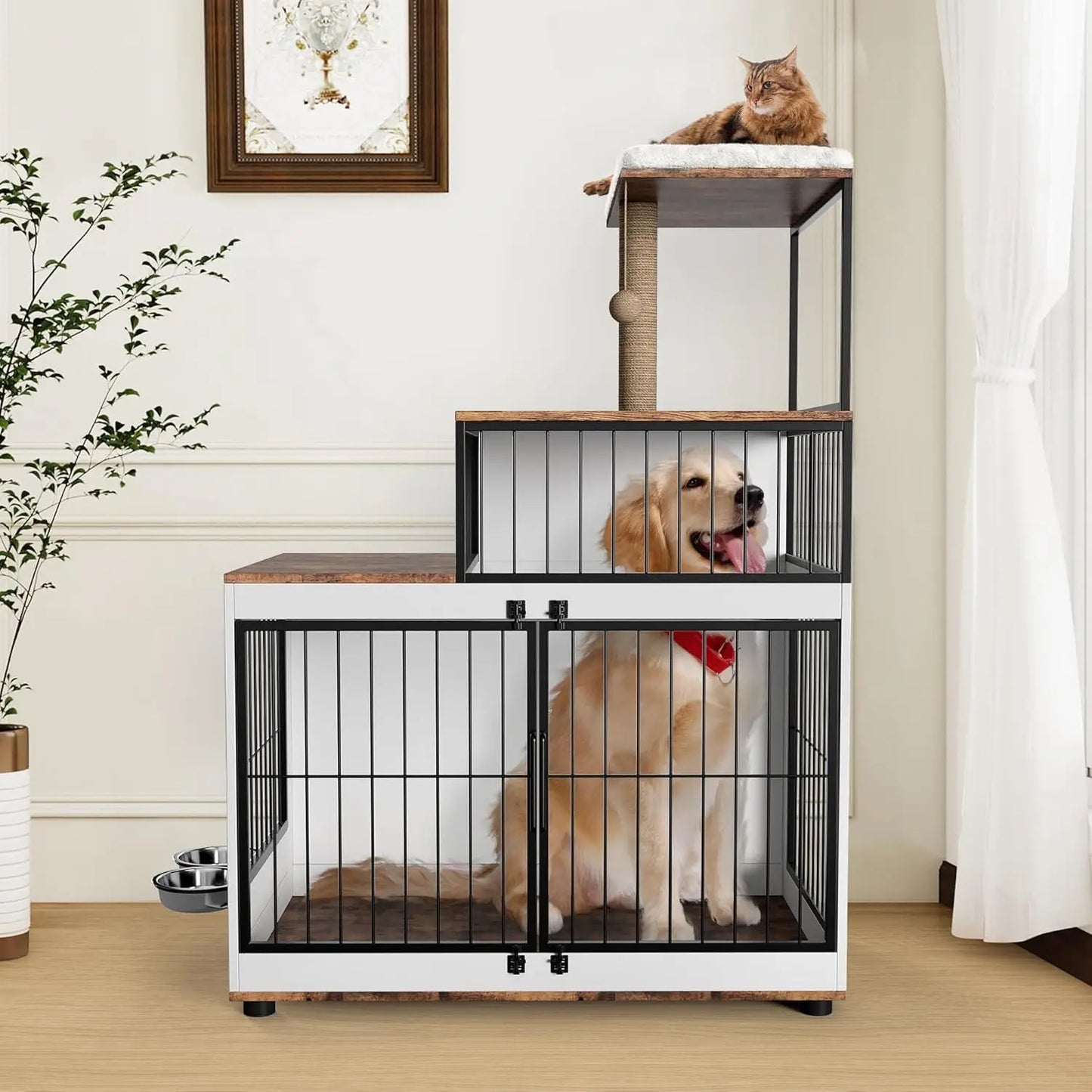HiMISS Multifunctional Dog Crate With Cat Tower And Shelving
