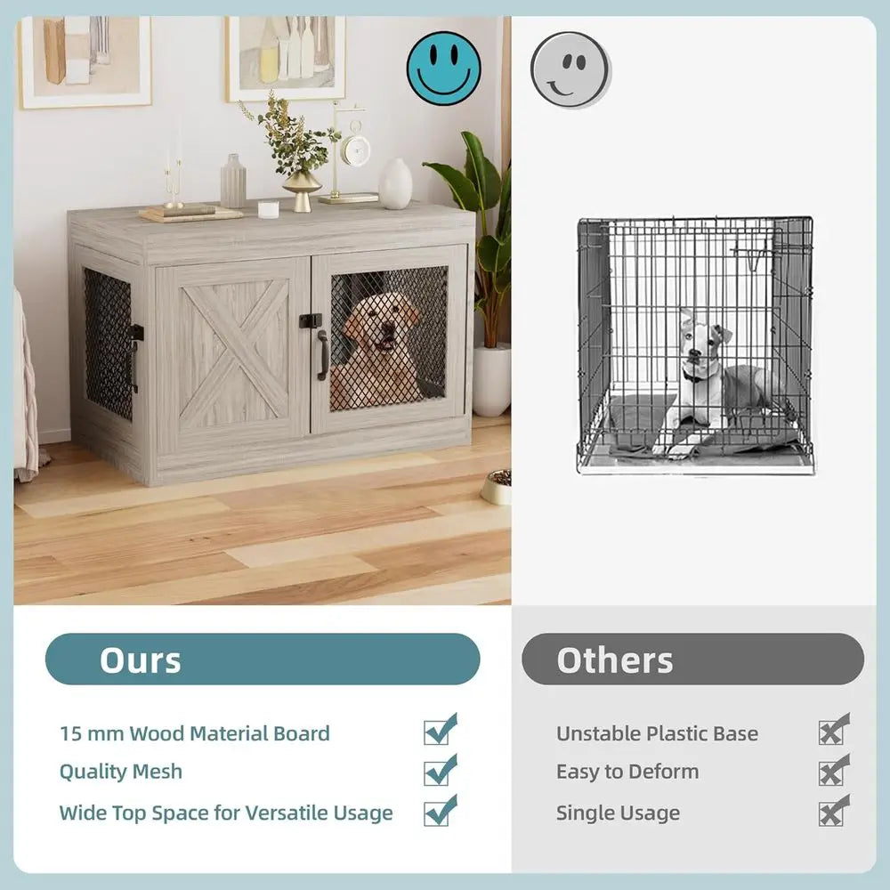 Wooden Dog Kennel End Table With Mesh For Indoor Use