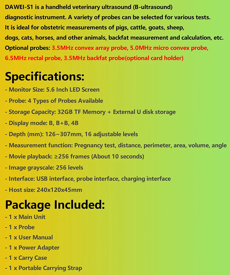 DAWEI Handheld Veterinary Ultrasound Scanner For Farm Animals Pregnancy Testing