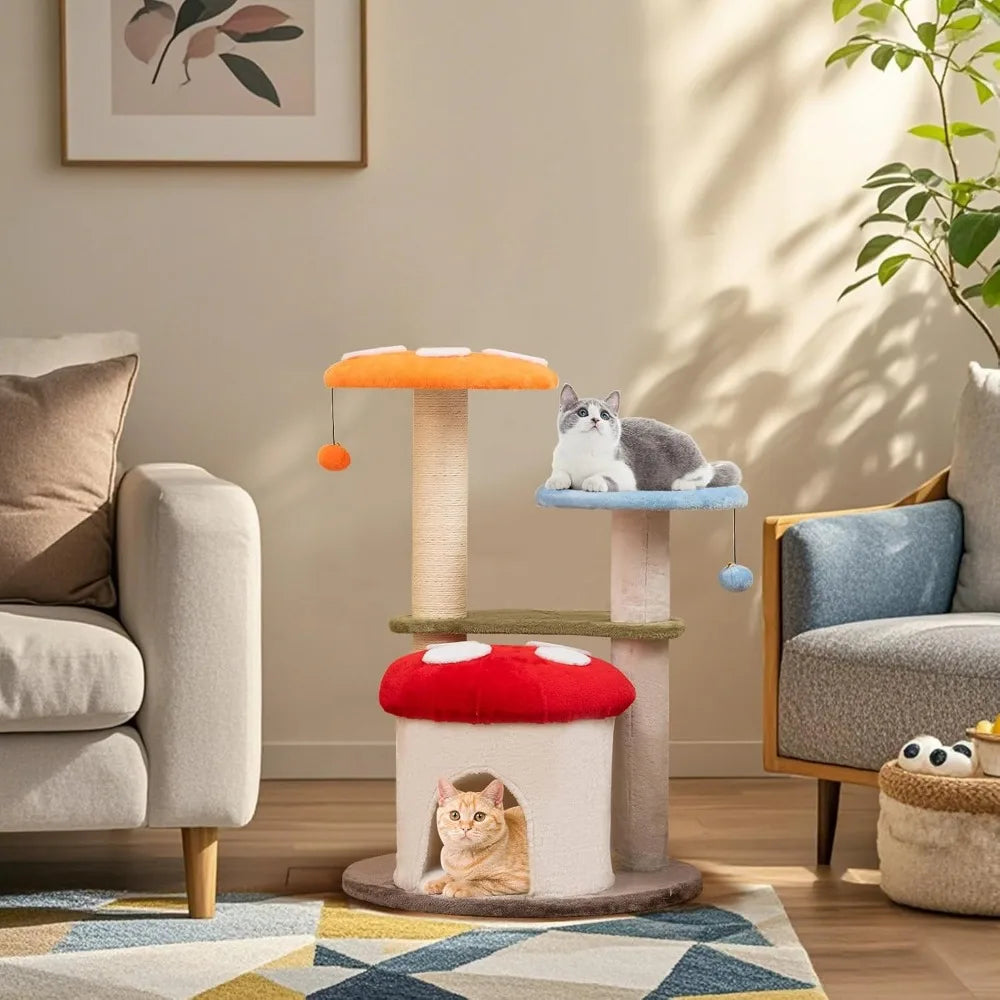Mushroom Shaped Cat Tree With Sisal Posts Three-Tier Cushioned Perches