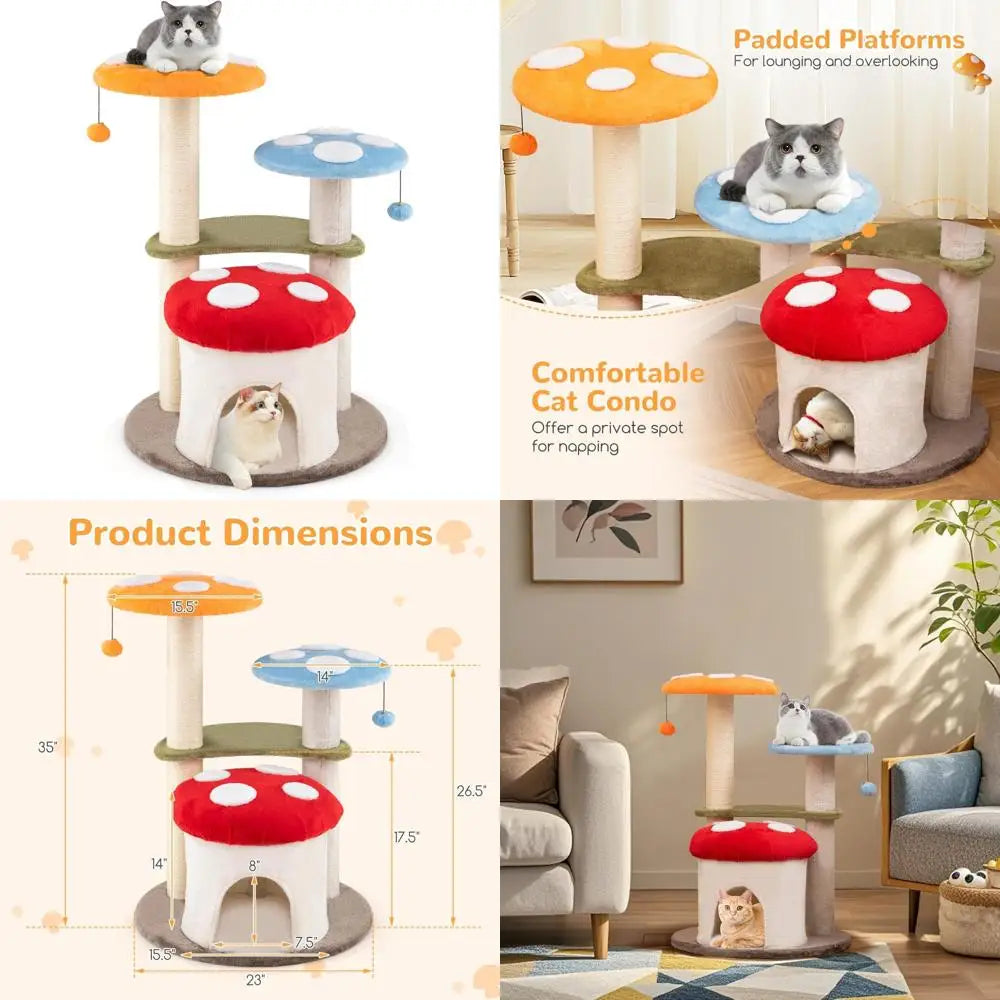 Mushroom Shaped Cat Tree With Sisal Posts Three-Tier Cushioned Perches