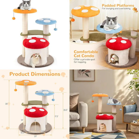 Mushroom Shaped Cat Tree With Sisal Posts Three-Tier Cushioned Perches