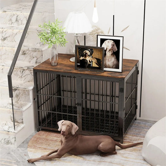 BORWART Elevated Wooden Dog Crate End Table With 3 Doors Removable Tray
