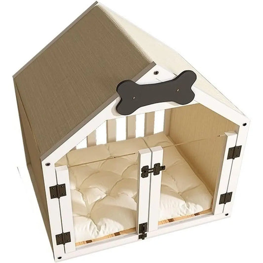 Indoor Pine Wood Dog House With Cushion And Double Doors
