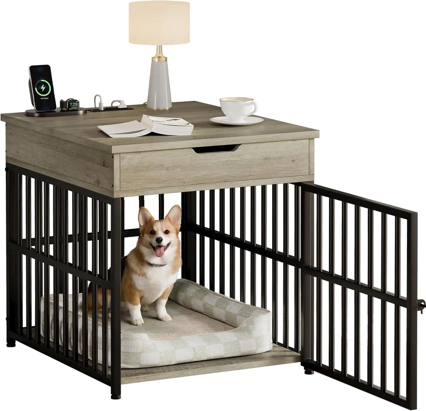 Wooden Dog Kennel End Table Crate With Flip Top Drawer