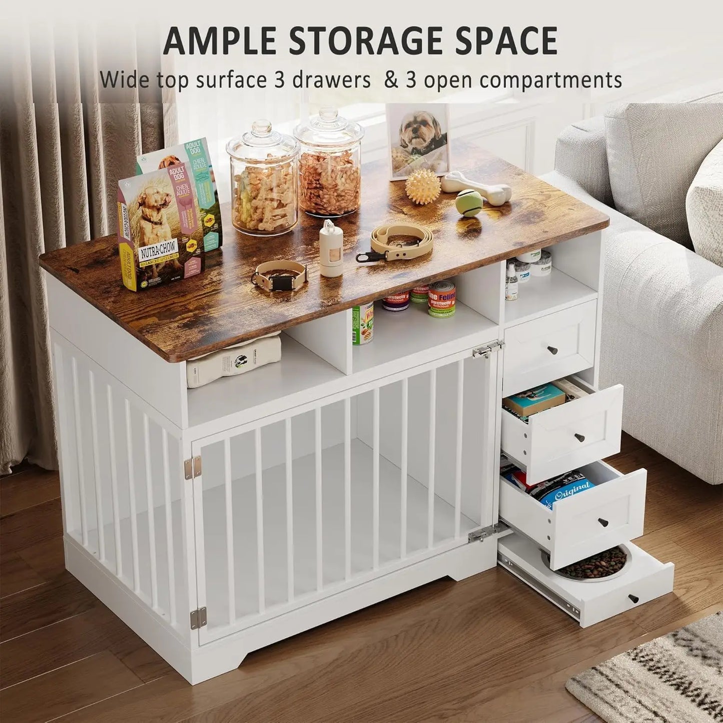 HiMISSH Farmhouse Dog Crate Furniture With Bowl And Drawers