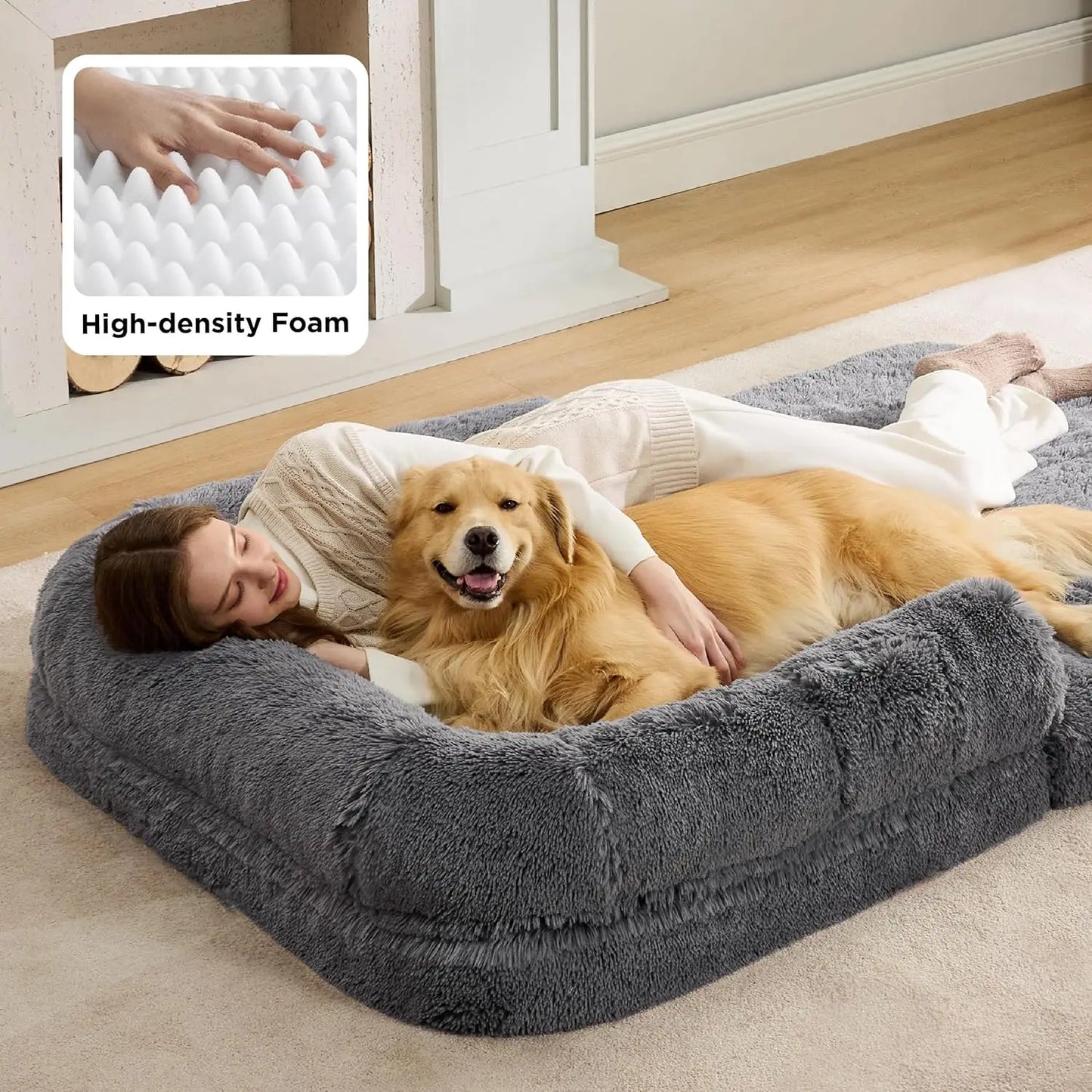 Foldable Human Dog Bed 2-in-1 Orthopedic Foam Waterproof Faux Fur
