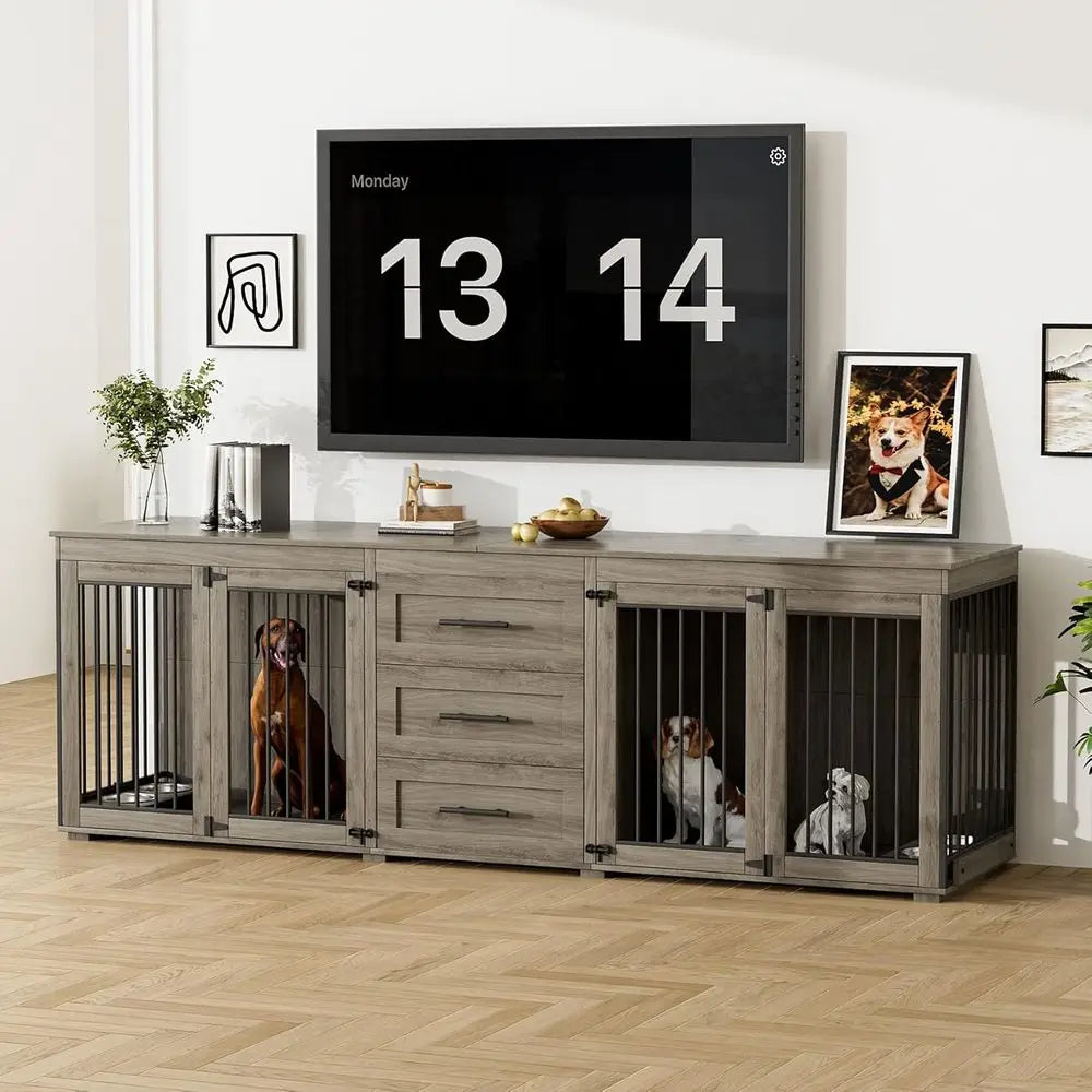 Engineered Wood Dog Crate With Storage And Four Bowls