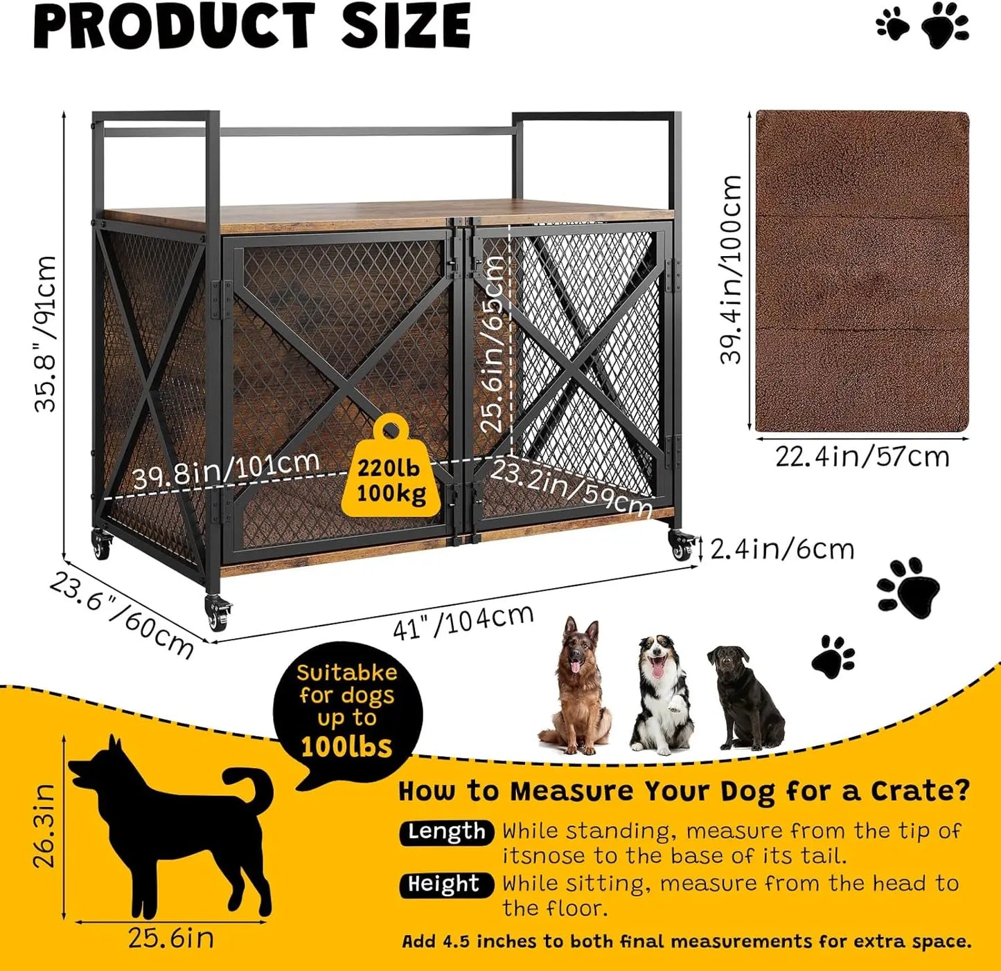 HiMISS Heavy Duty Dog Crate End Table With Lockable Wheels