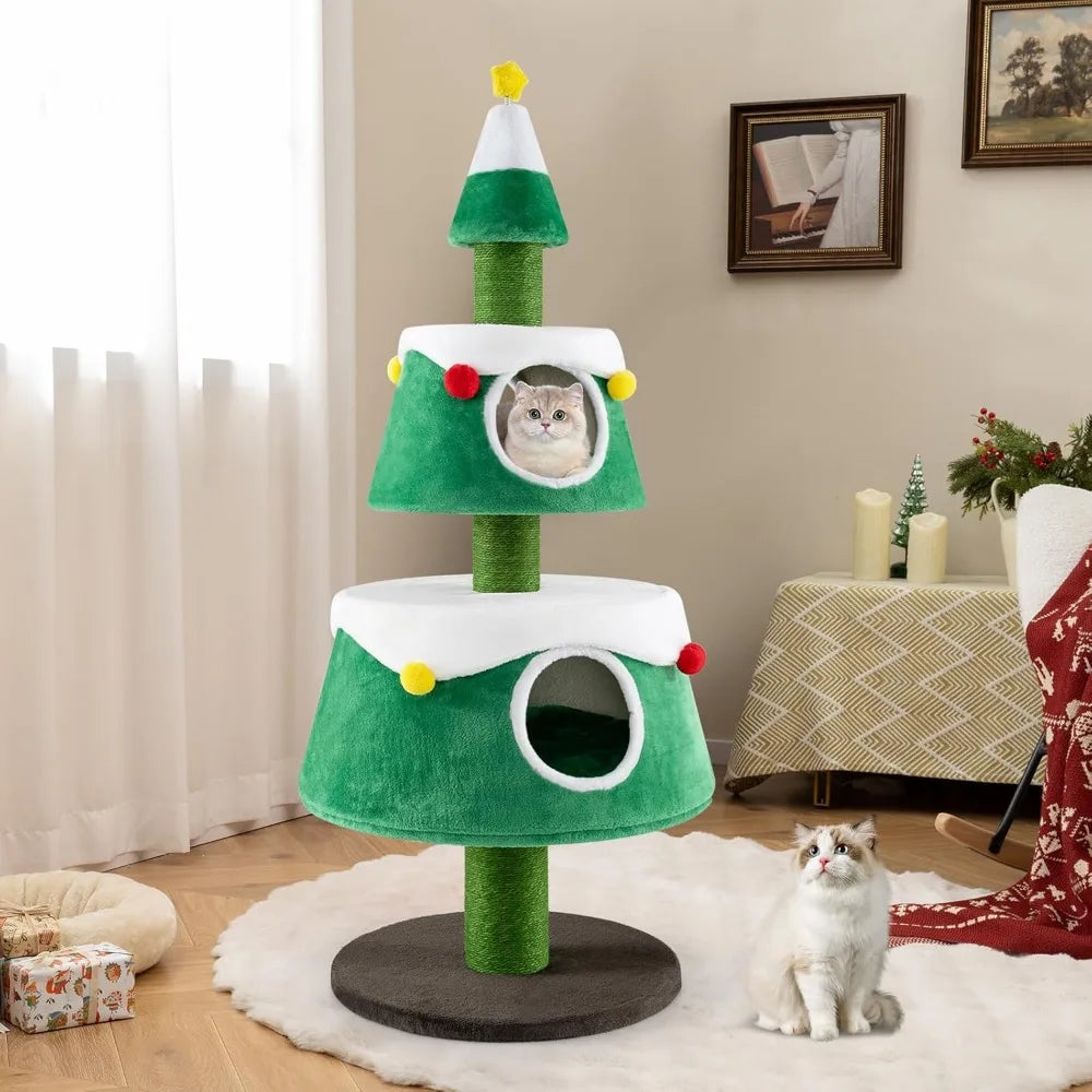 Christmas Themed Cat Tree With Two Condos And Scratching Posts