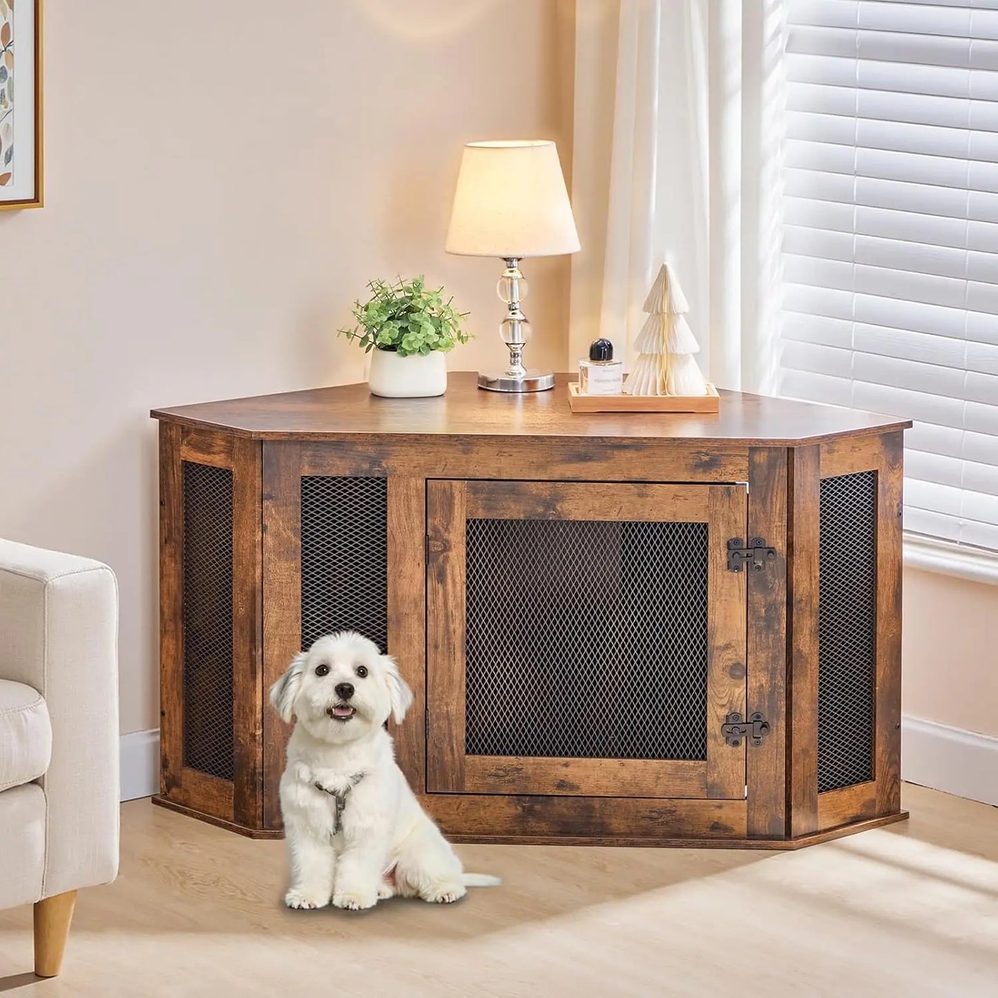 Corner Dog Crate Furniture Wooden Kennel End Table TV Stand