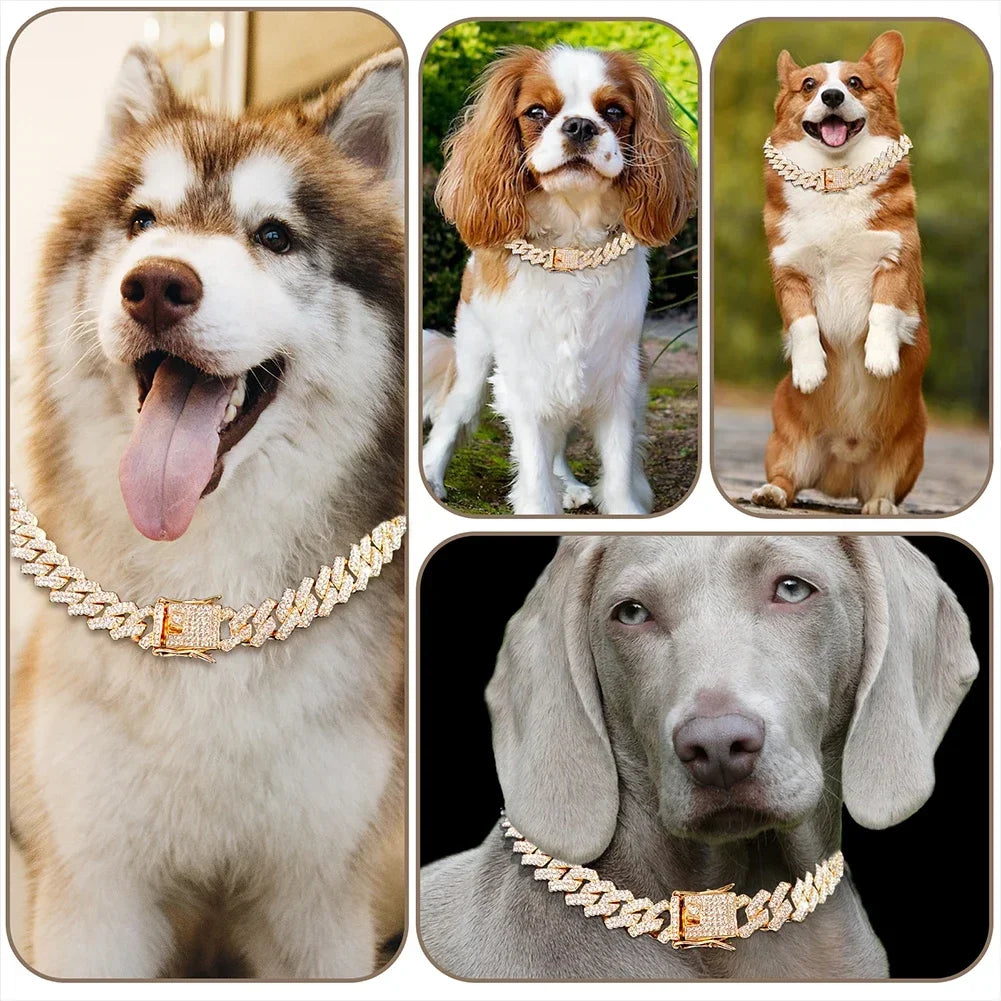 NONECN Diamond Cuban Dog Collar with Stainless Steel Chain Buckle